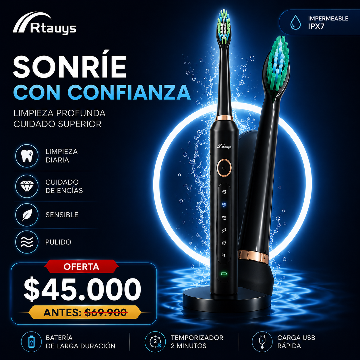 Cepillo Dental | Eléctrico | Batería Larga duración | 5 cabezales