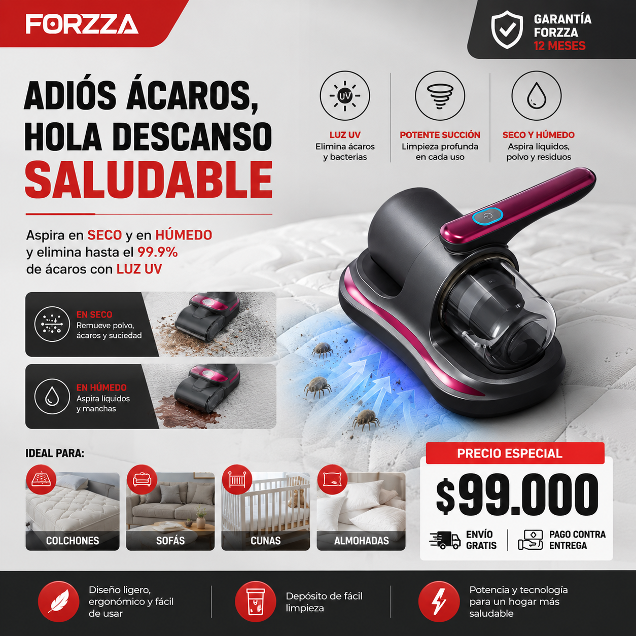 Aspiradora 0 acaros | Ultra violeta | Seco | Humedo
